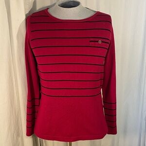 August Silk Cranberry/Red & Black Striped LS Top with Gold button accents